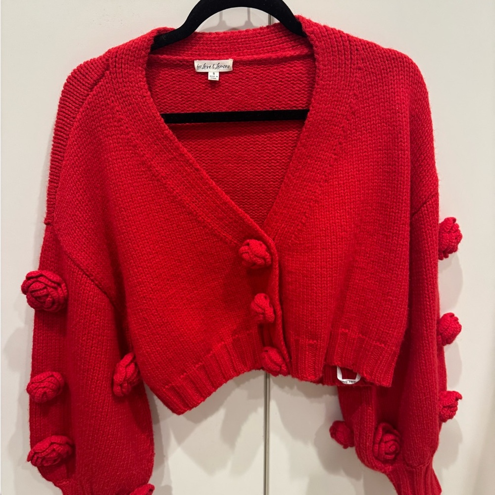 For Love And Lemons Red Cardigan with Pom-Poms